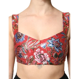 Red Floral Brocade Cropped Bustier Corset Top