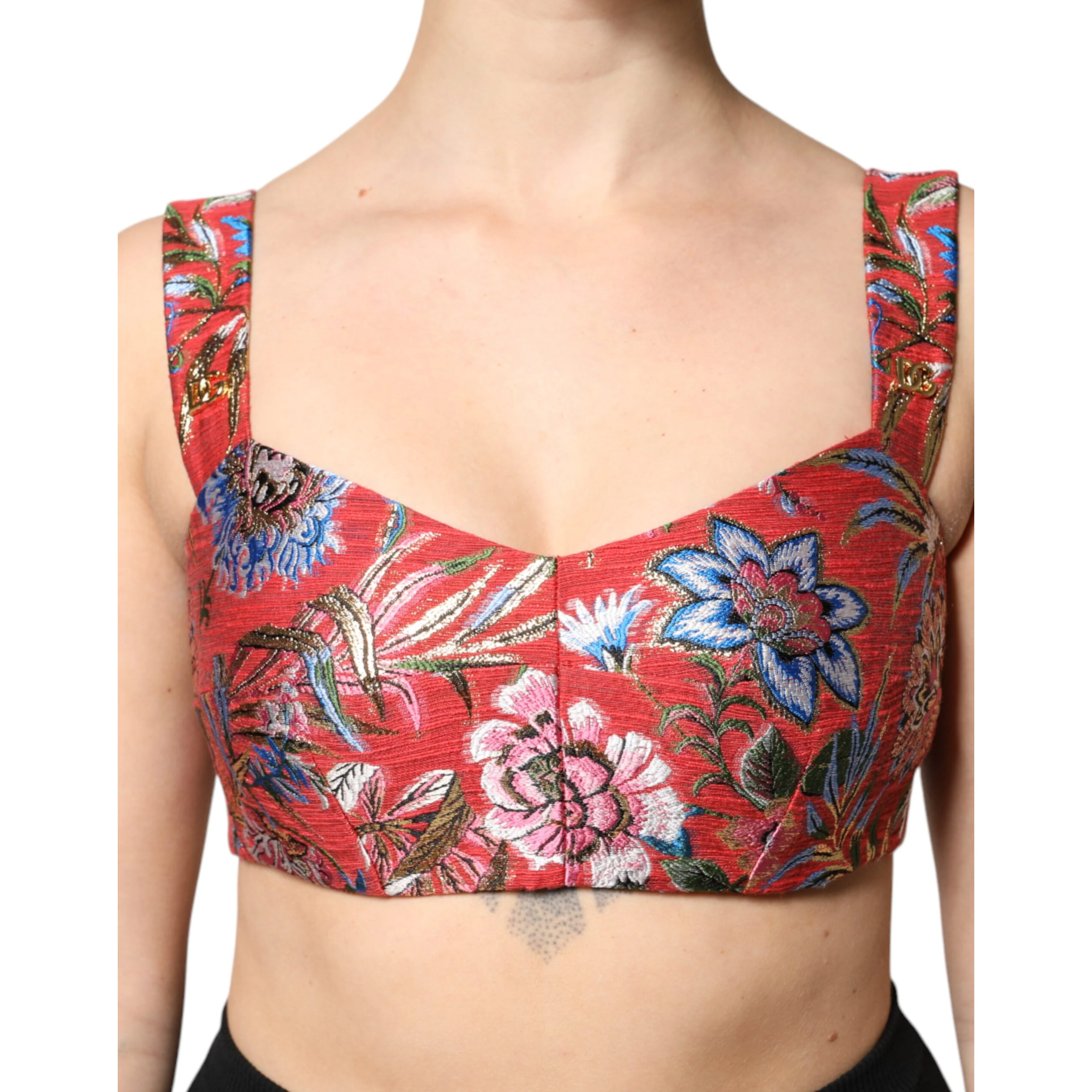 Red Floral Brocade Cropped Bustier Corset Top