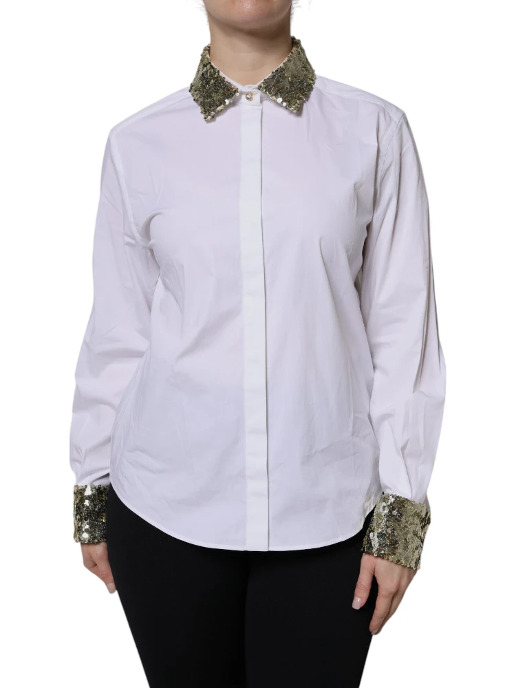 White Cotton Long Sleeves Sequin Shirt Top