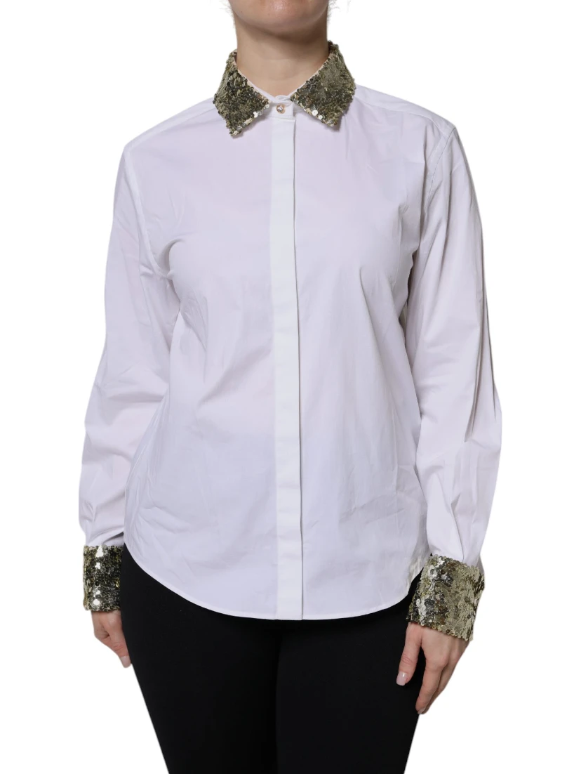 White Cotton Long Sleeves Sequin Shirt Top