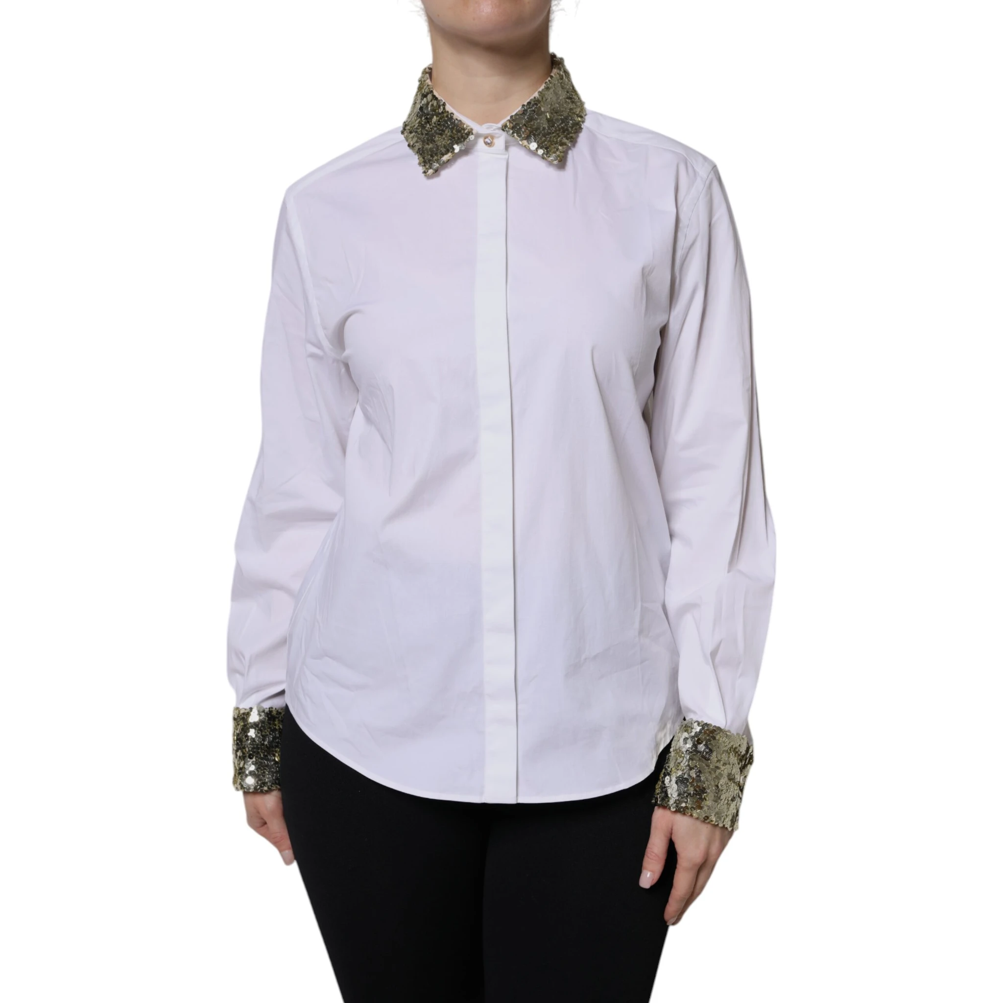 White Cotton Long Sleeves Sequin Shirt Top