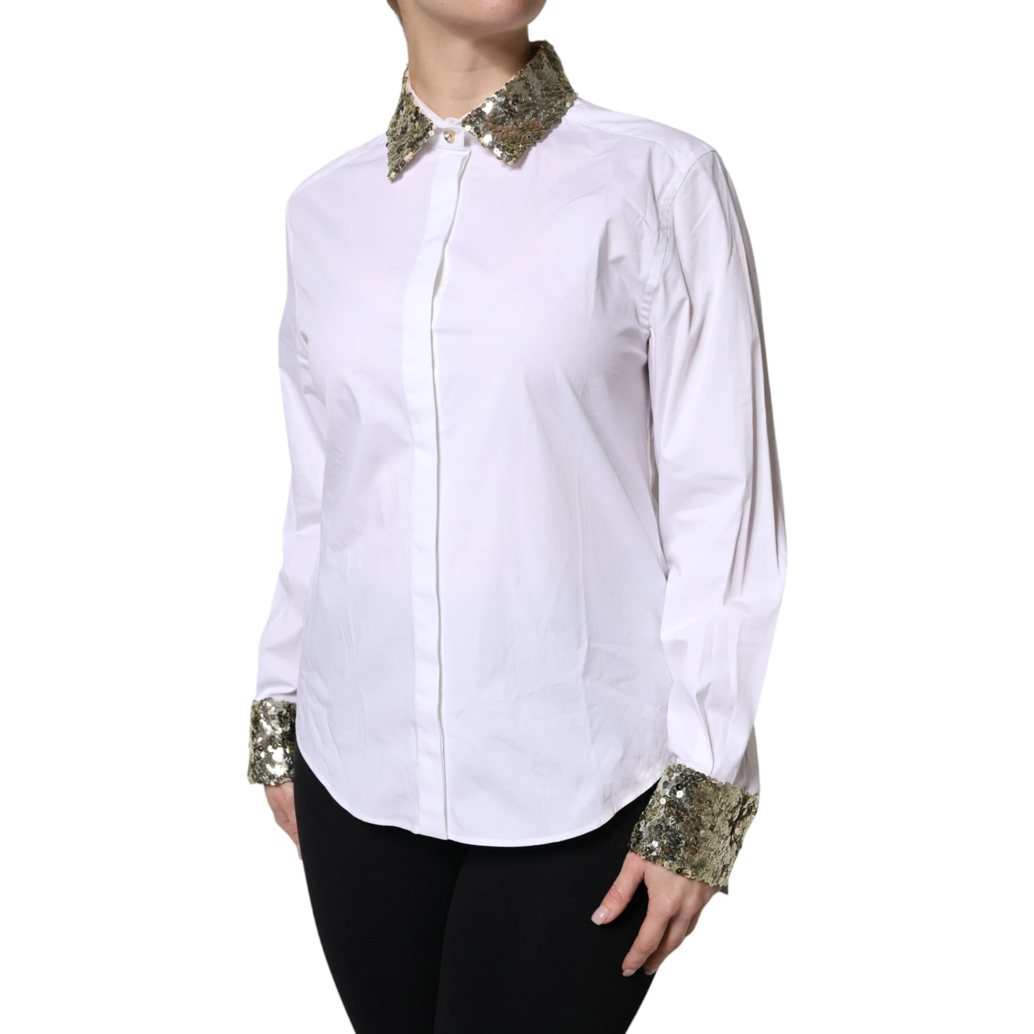 White Cotton Long Sleeves Sequin Shirt Top