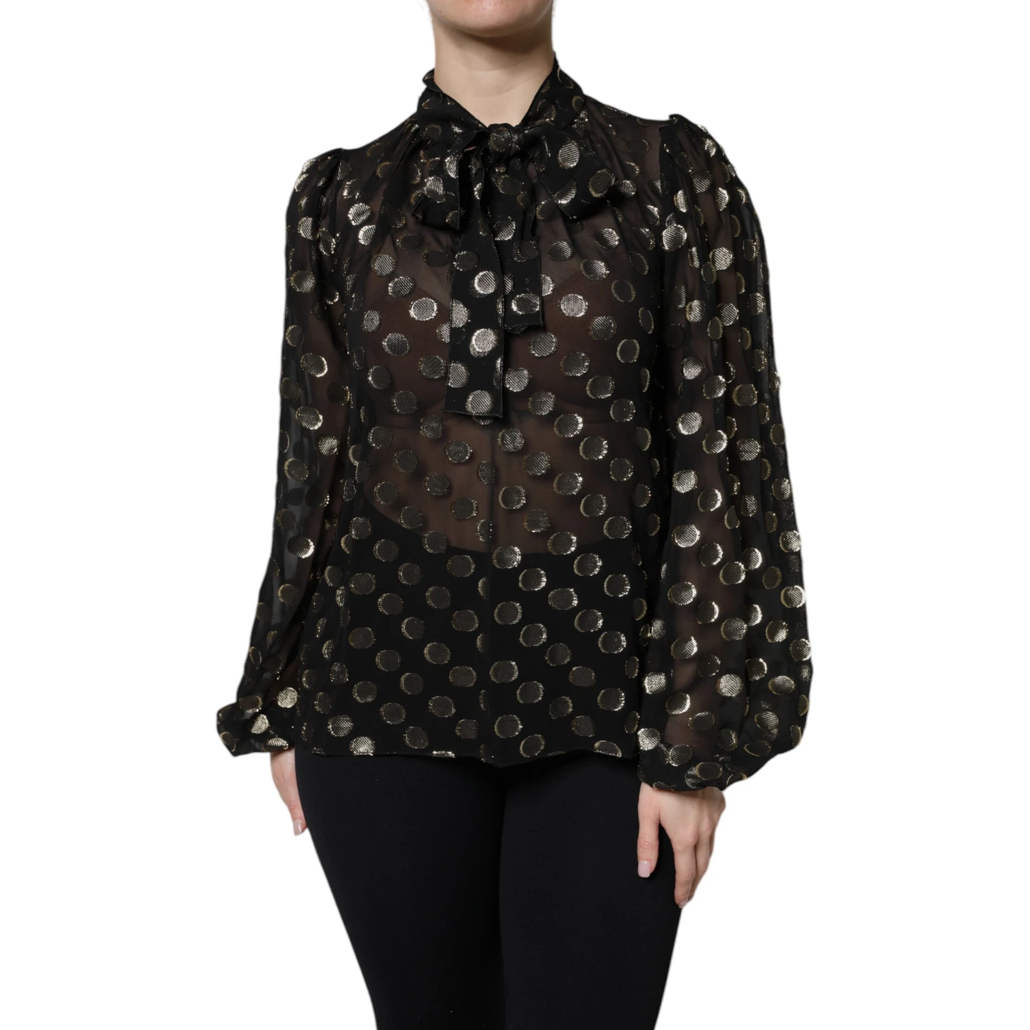 Black Sheer Tied Neck Polka Dots Blouse Top