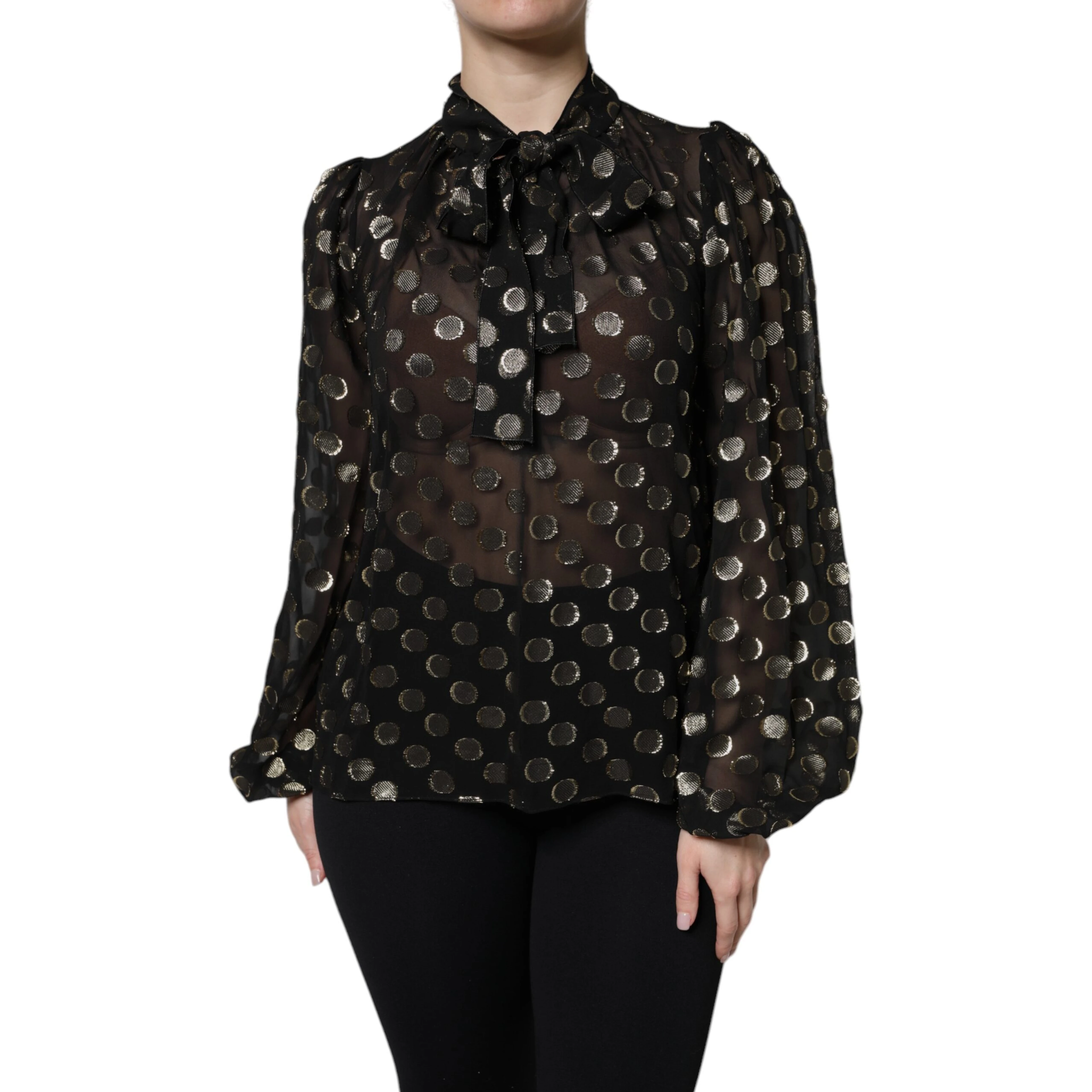Black Sheer Tied Neck Polka Dots Blouse Top