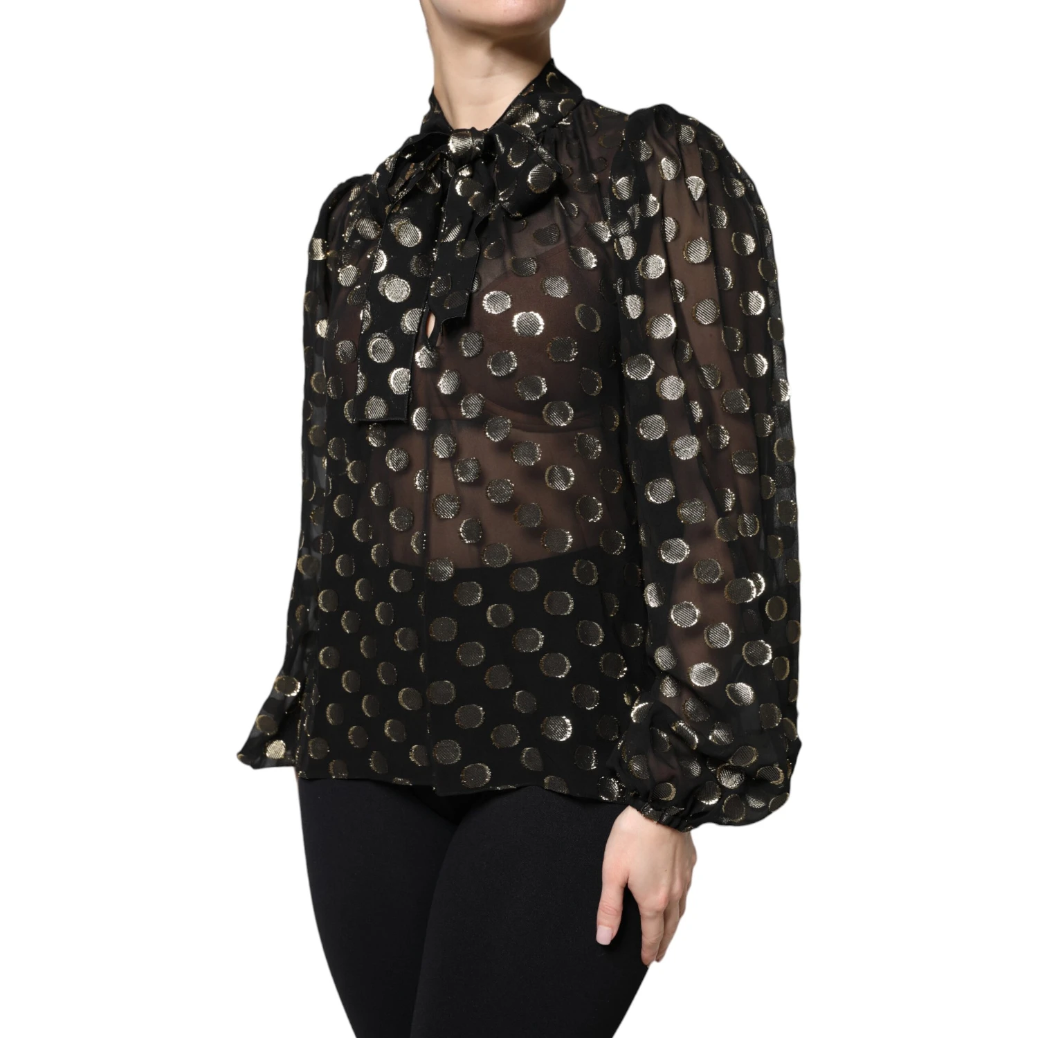 Black Sheer Tied Neck Polka Dots Blouse Top