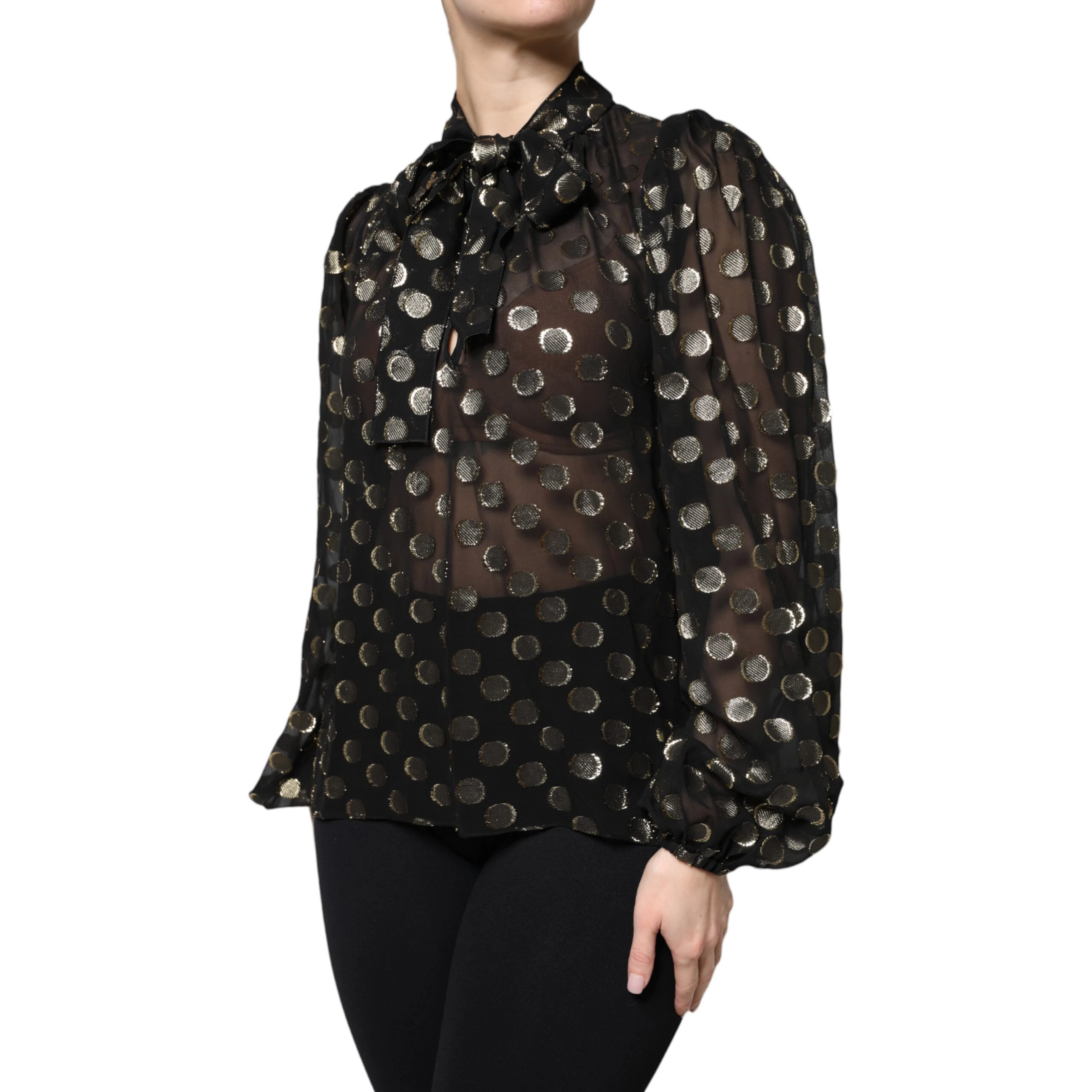 Black Sheer Tied Neck Polka Dots Blouse Top