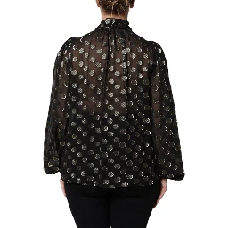 Black Sheer Tied Neck Polka Dots Blouse Top