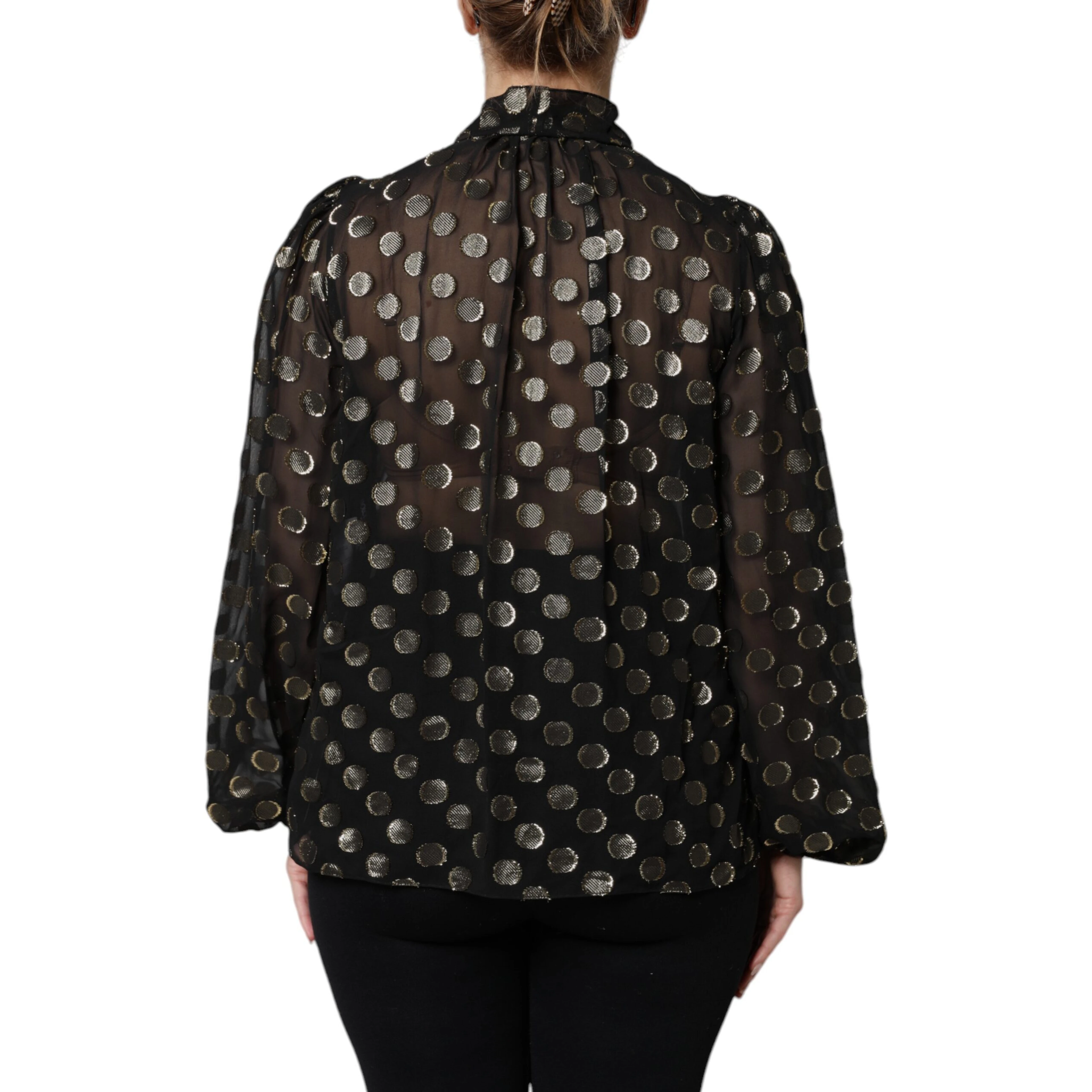 Black Sheer Tied Neck Polka Dots Blouse Top