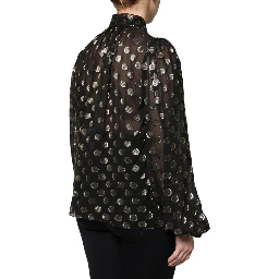 Black Sheer Tied Neck Polka Dots Blouse Top
