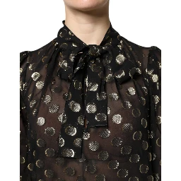 Black Sheer Tied Neck Polka Dots Blouse Top