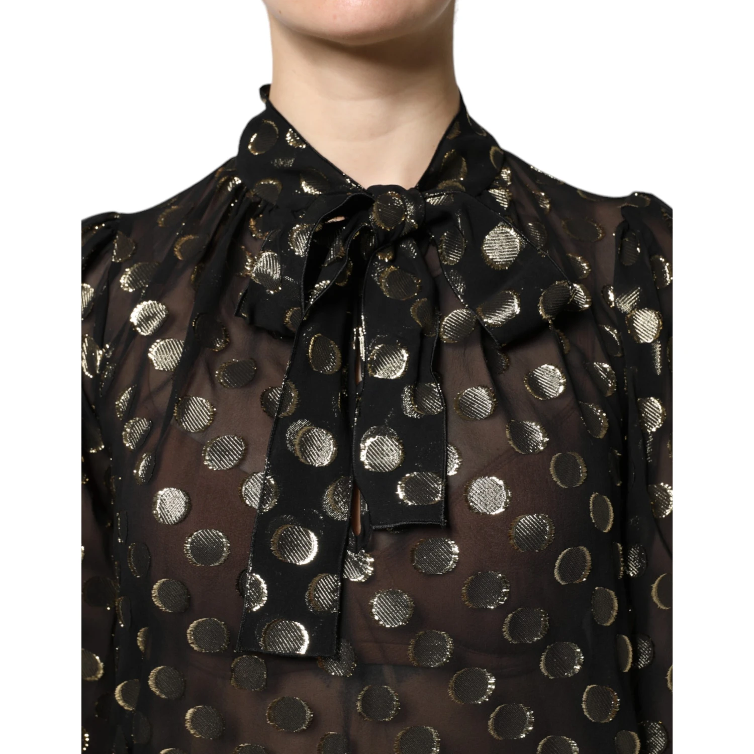 Black Sheer Tied Neck Polka Dots Blouse Top