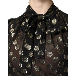 Black Sheer Tied Neck Polka Dots Blouse Top