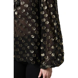 Black Sheer Tied Neck Polka Dots Blouse Top