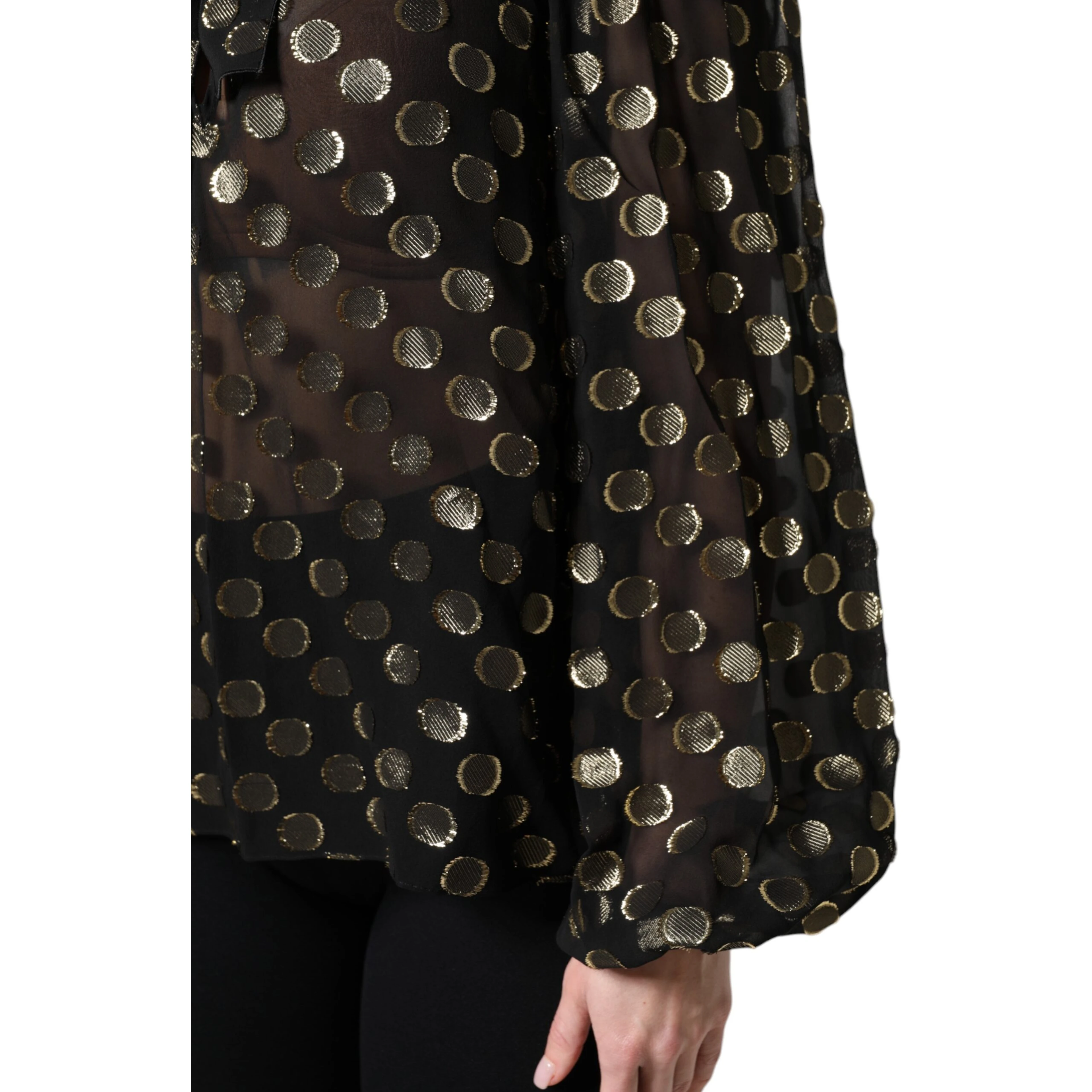 Black Sheer Tied Neck Polka Dots Blouse Top