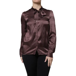 Brown Ascot Collar Long Sleeve Blouse Top