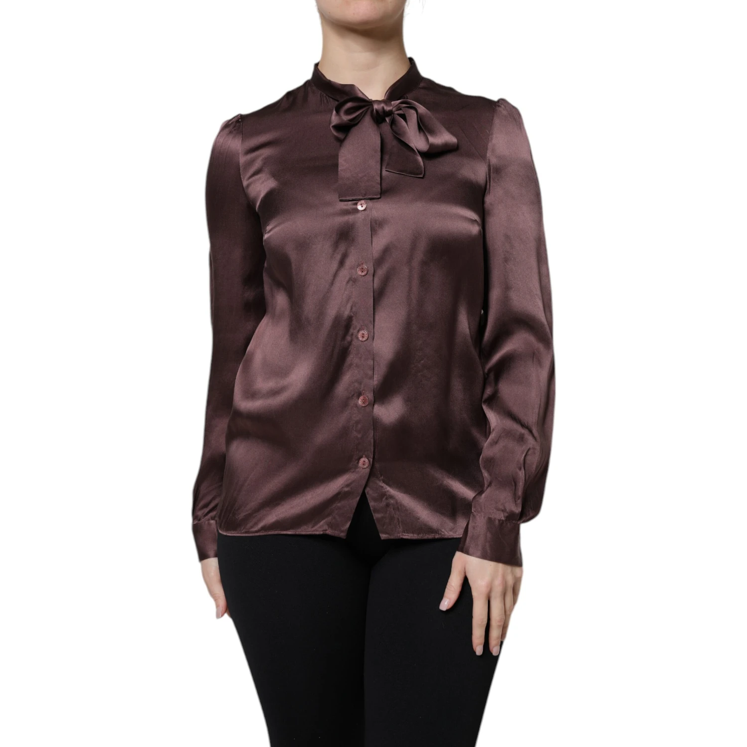 Brown Ascot Collar Long Sleeve Blouse Top