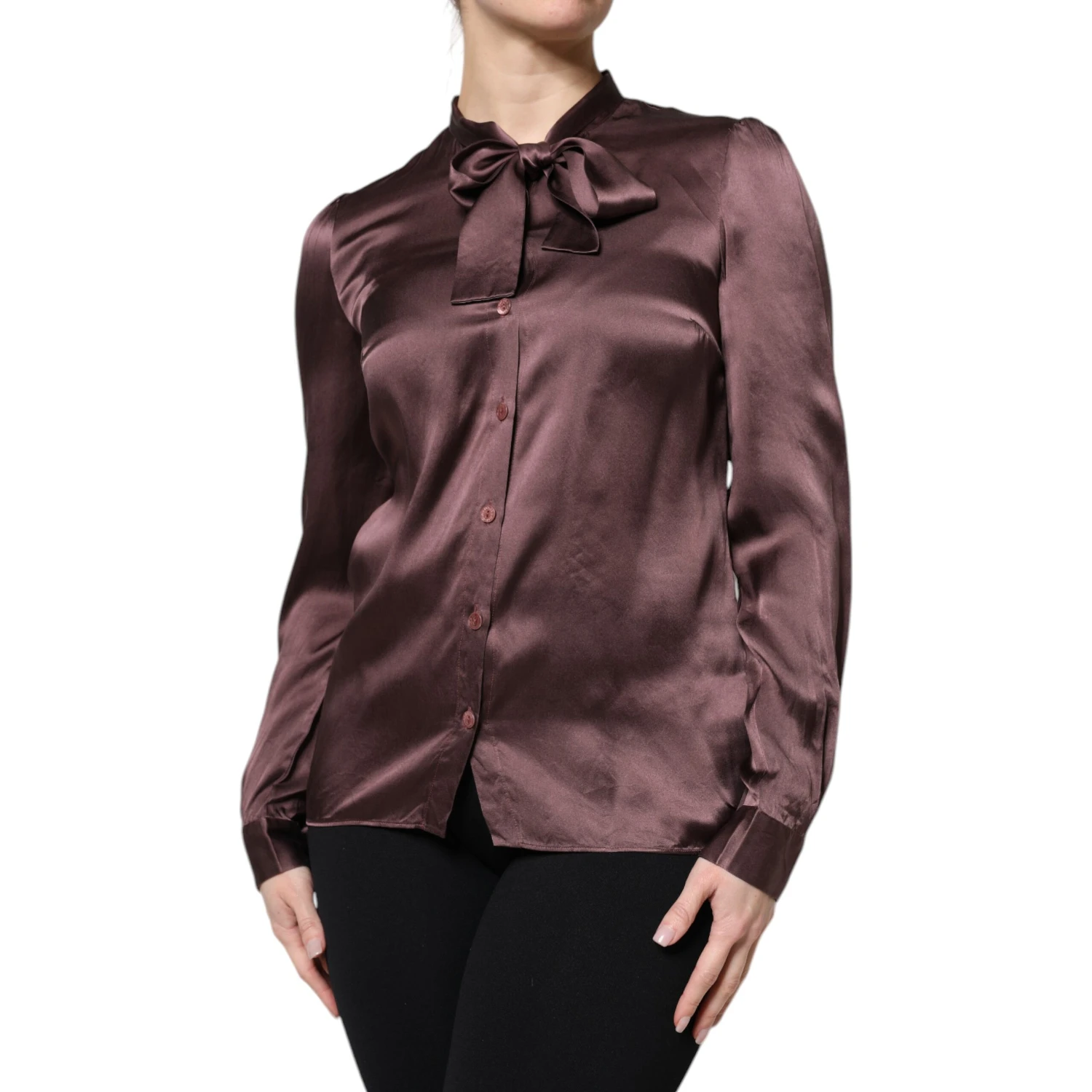 Brown Ascot Collar Long Sleeve Blouse Top