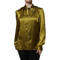 Olive Green Ascot Collar Long Sleeve Blouse Top