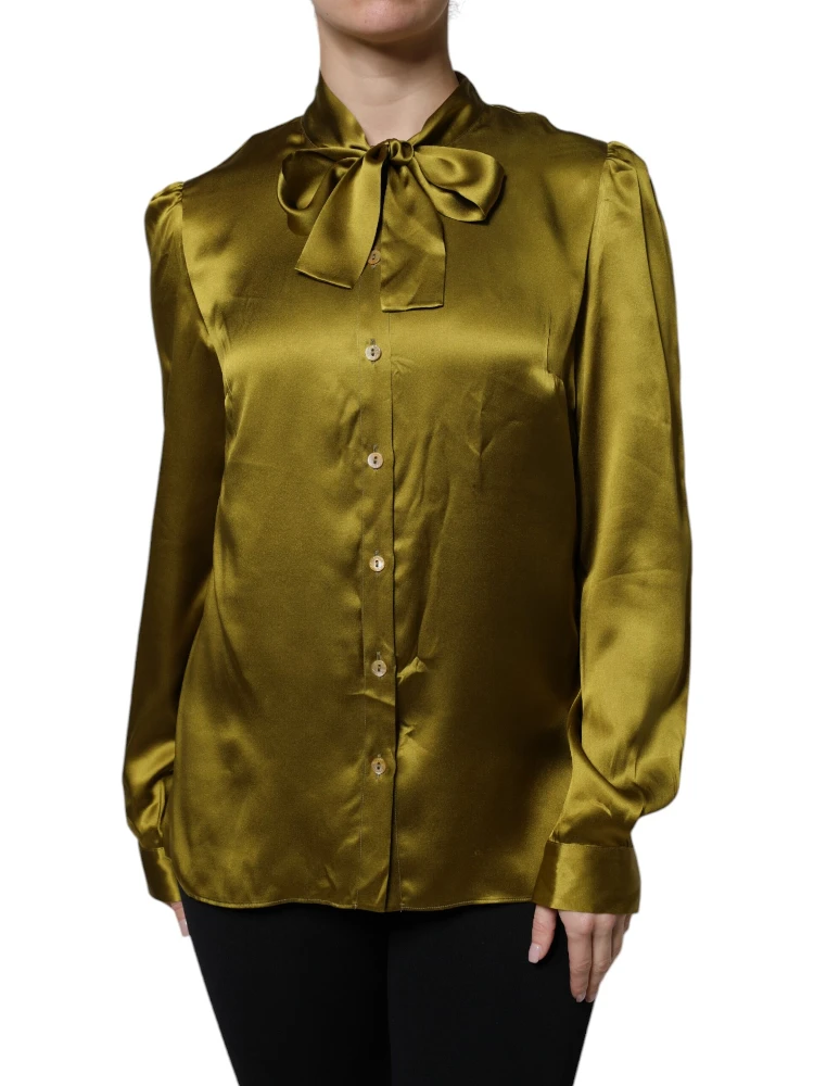 Olive Green Ascot Collar Long Sleeve Blouse Top