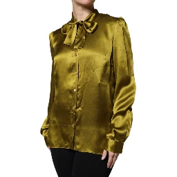 Olive Green Ascot Collar Long Sleeve Blouse Top