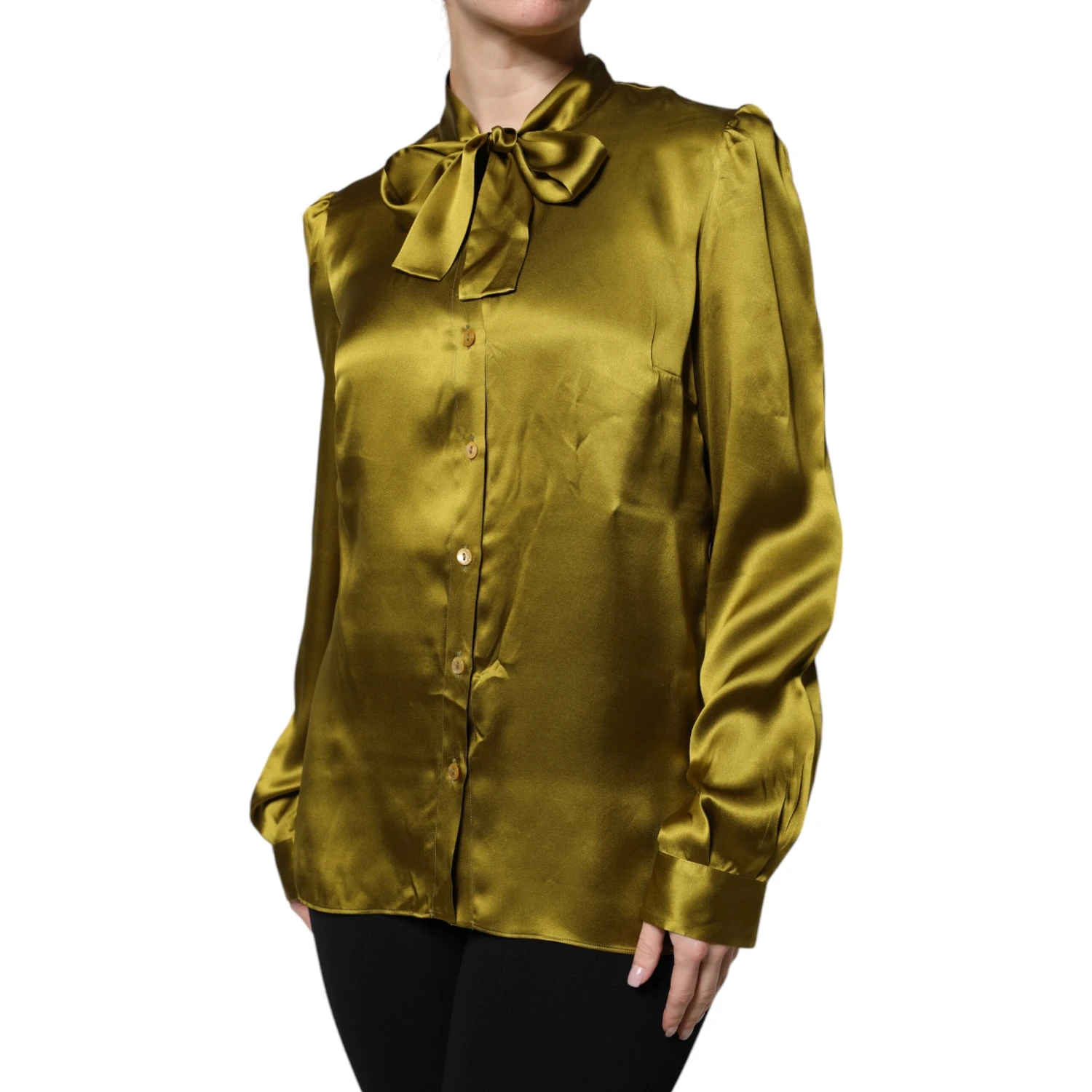 Olive Green Ascot Collar Long Sleeve Blouse Top