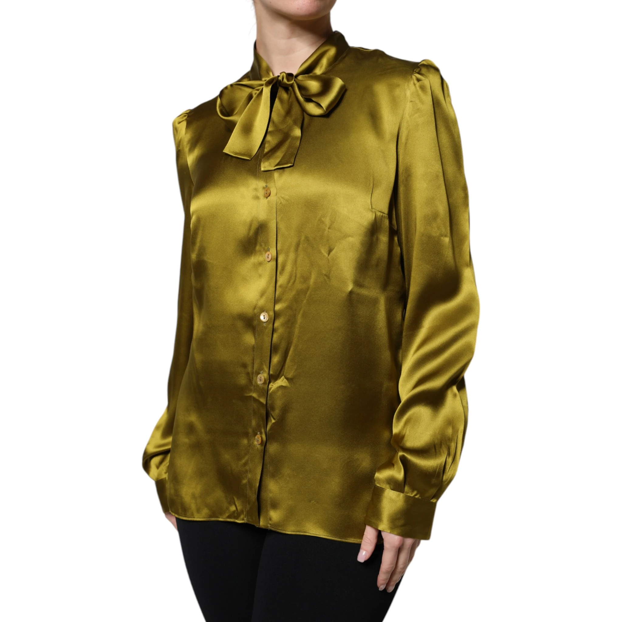 Olive Green Ascot Collar Long Sleeve Blouse Top