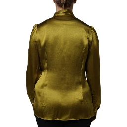 Olive Green Ascot Collar Long Sleeve Blouse Top
