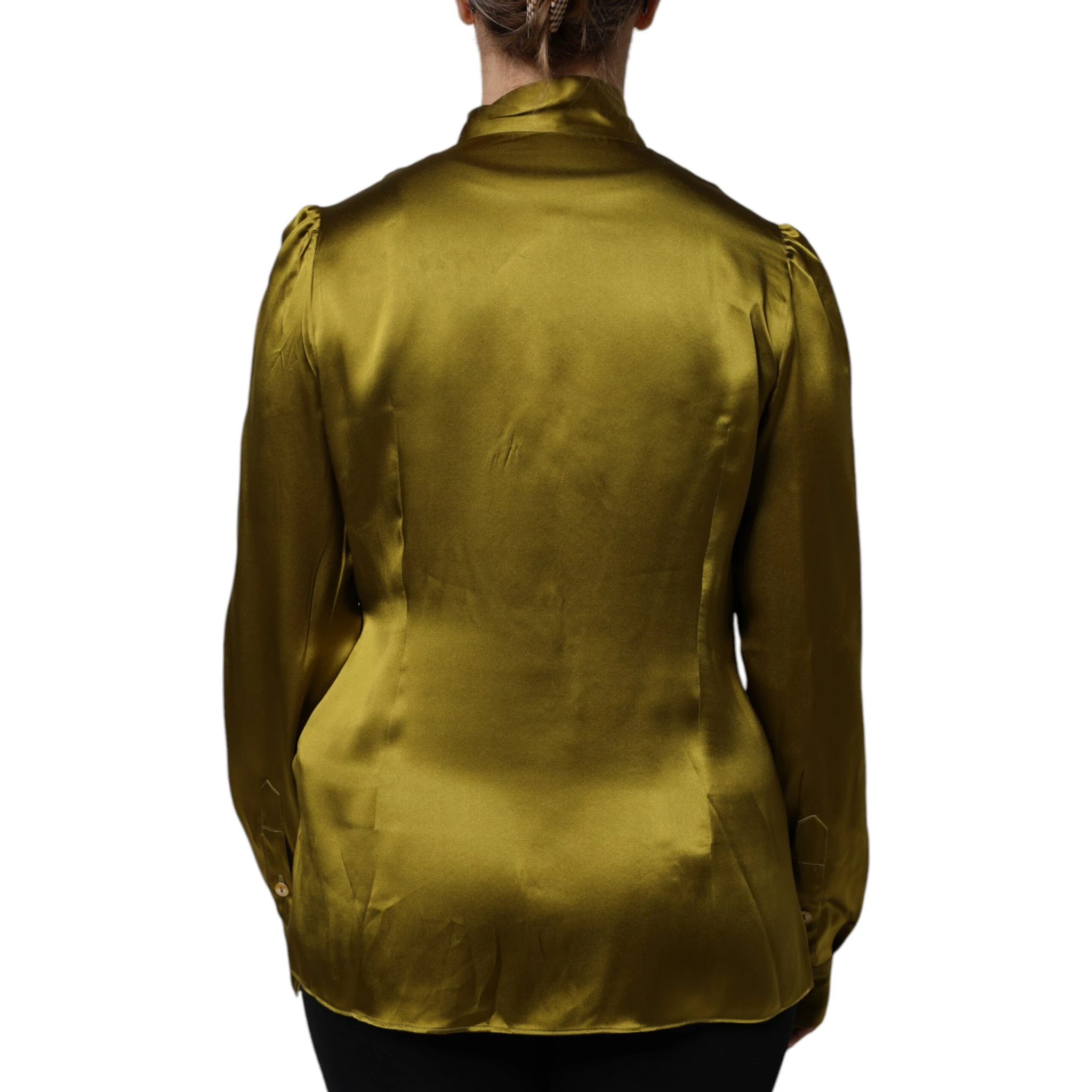 Olive Green Ascot Collar Long Sleeve Blouse Top