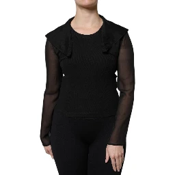 Black Silk Sheer Long Sleeves Blouse Top