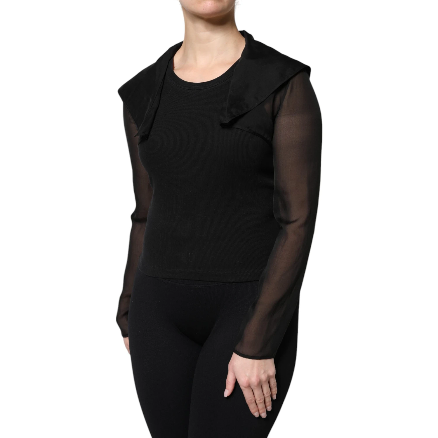Black Silk Sheer Long Sleeves Blouse Top