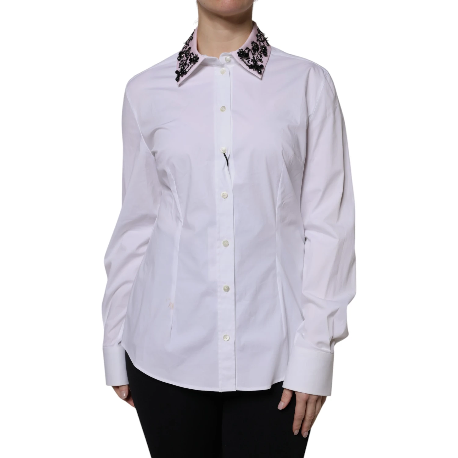 White Embellished Collared Dress Shirt Top