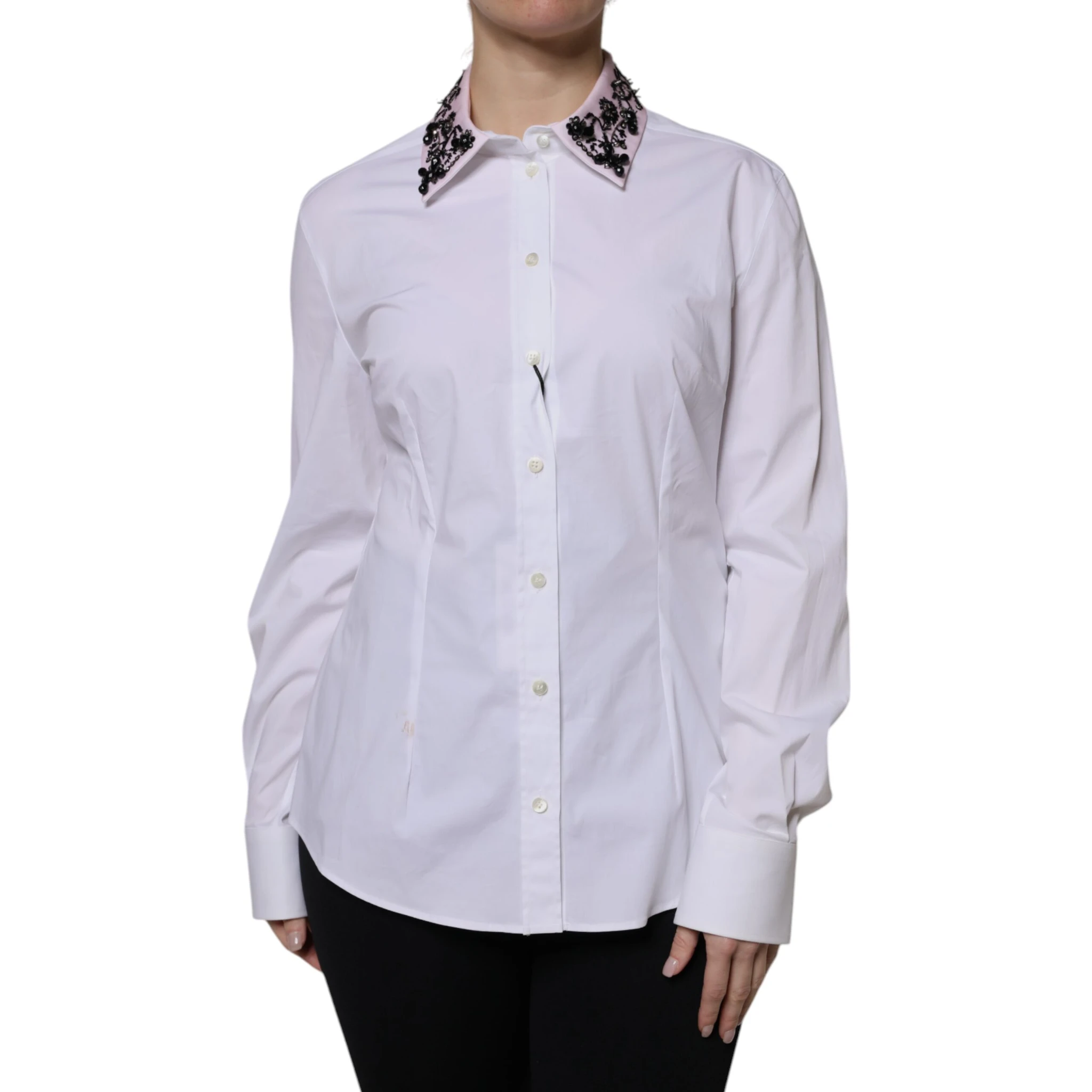 White Embellished Collared Dress Shirt Top