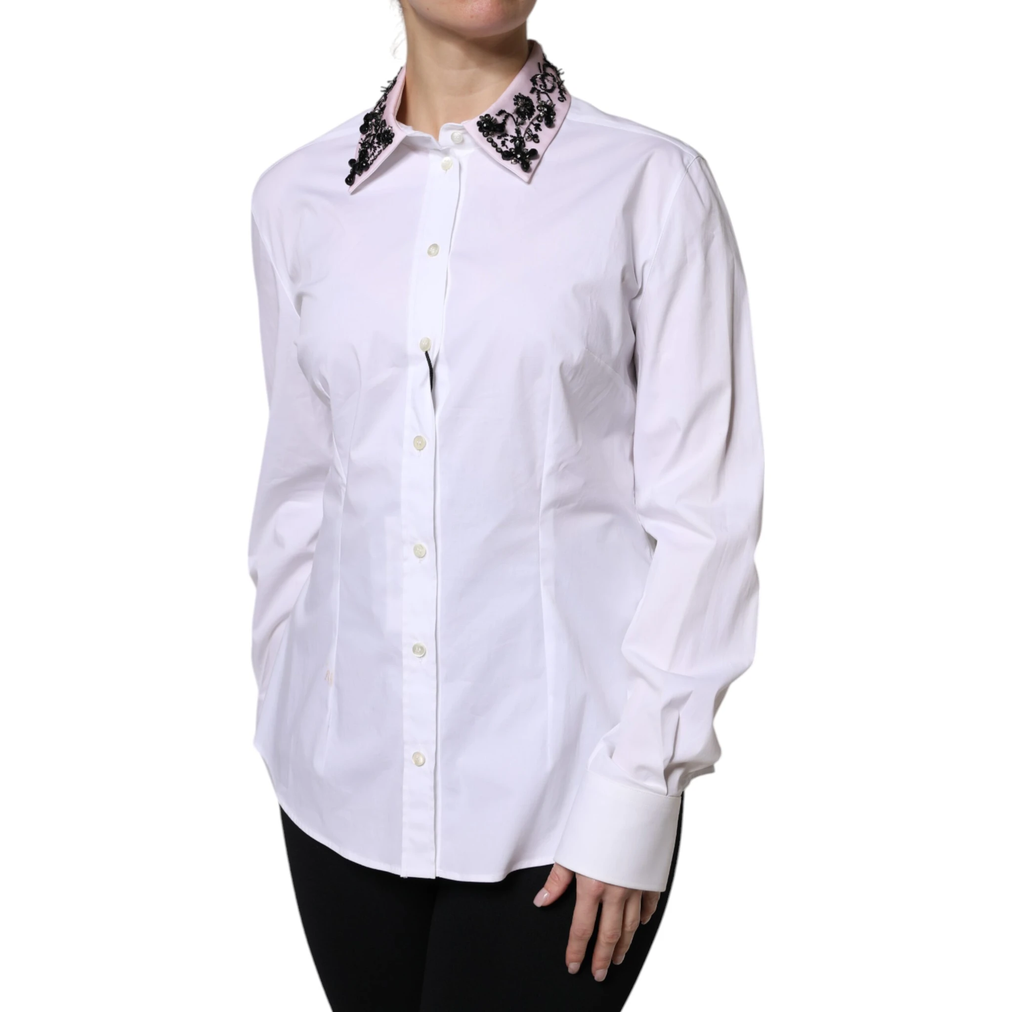 White Embellished Collared Dress Shirt Top
