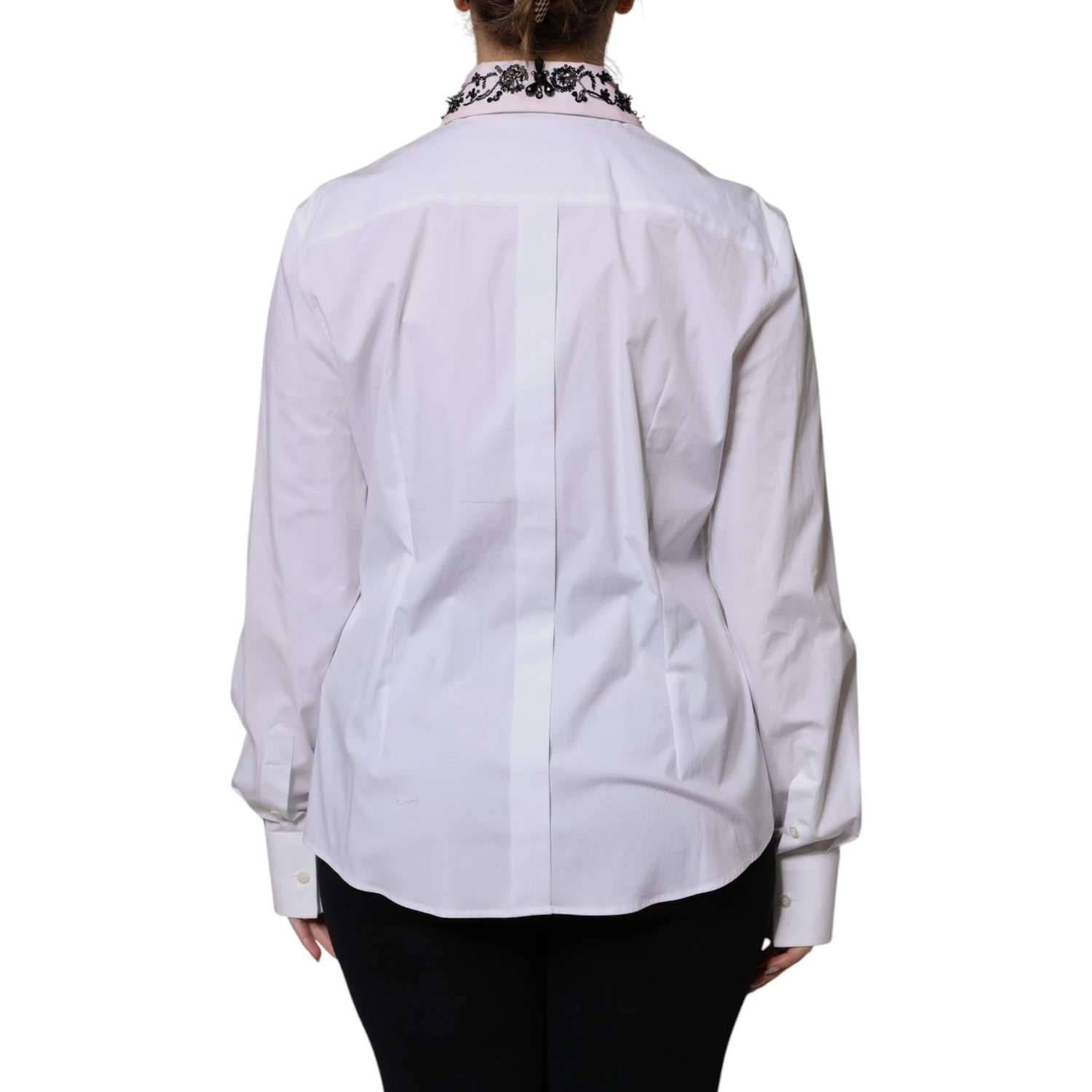 White Embellished Collared Dress Shirt Top