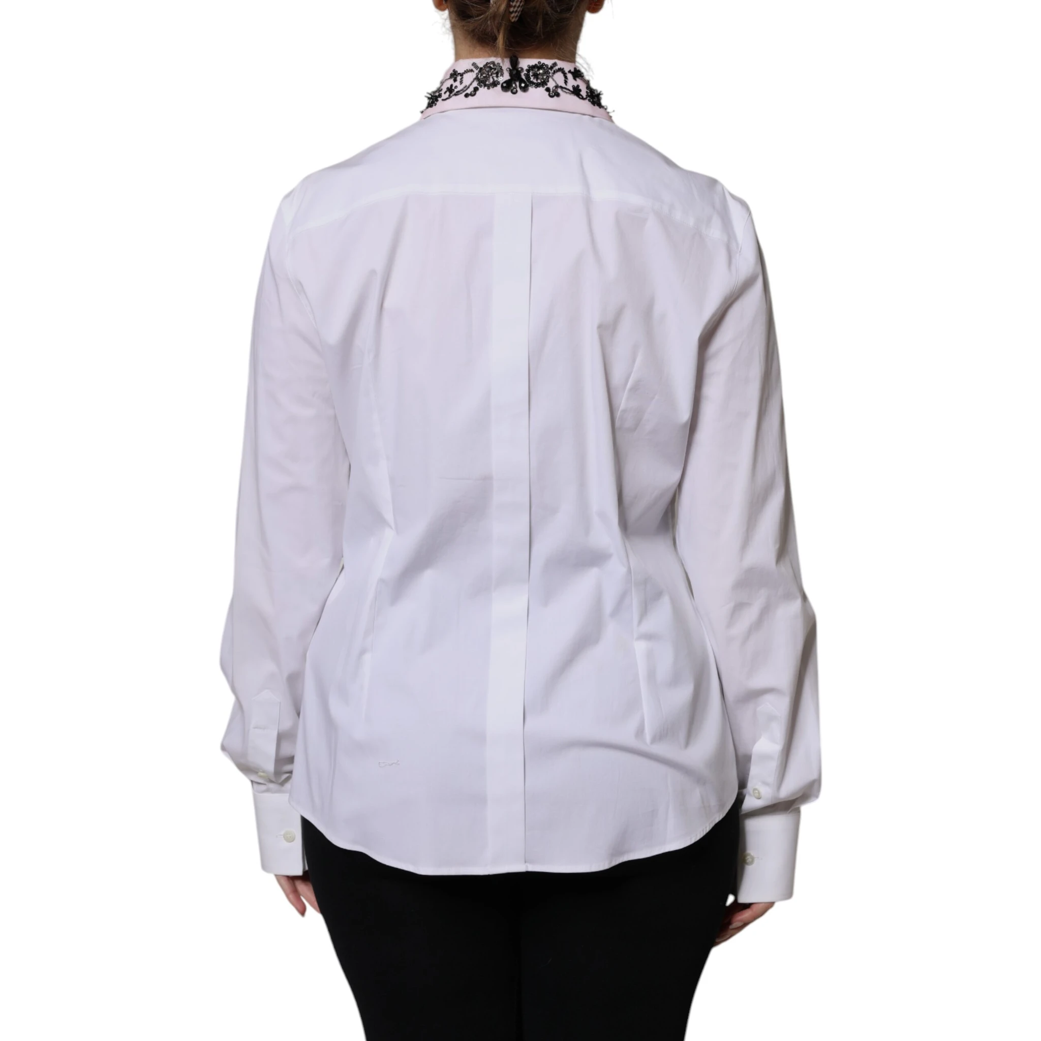 White Embellished Collared Dress Shirt Top