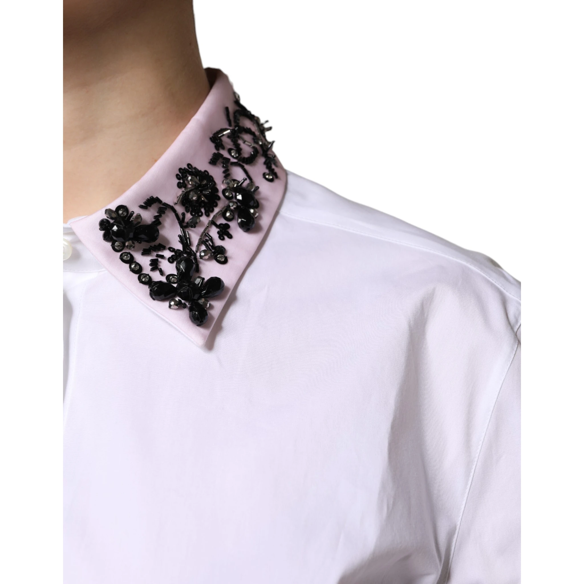 White Embellished Collared Dress Shirt Top