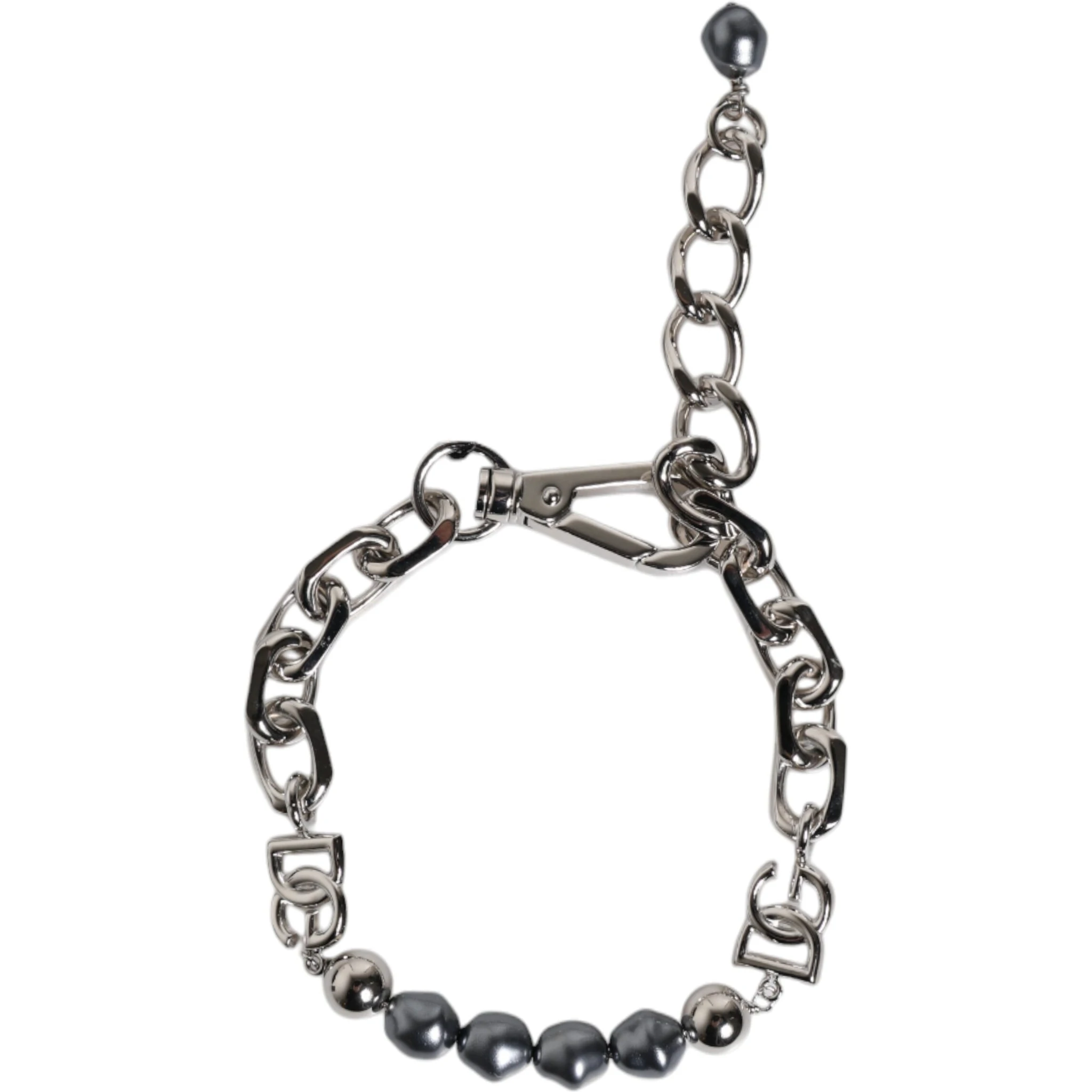 Silver Tone Chain Lobster Clasp Logo Gray Pearls Bracelet