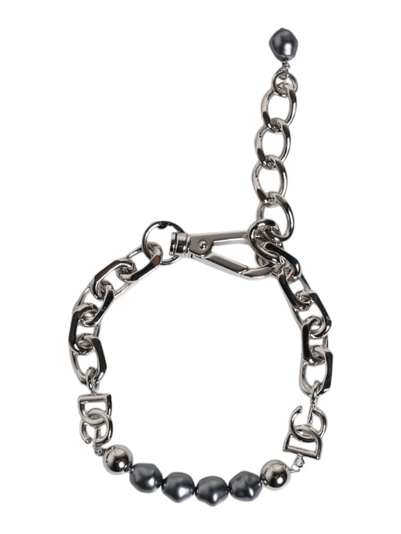 Silver Tone Chain Lobster Clasp Logo Gray Pearls Bracelet