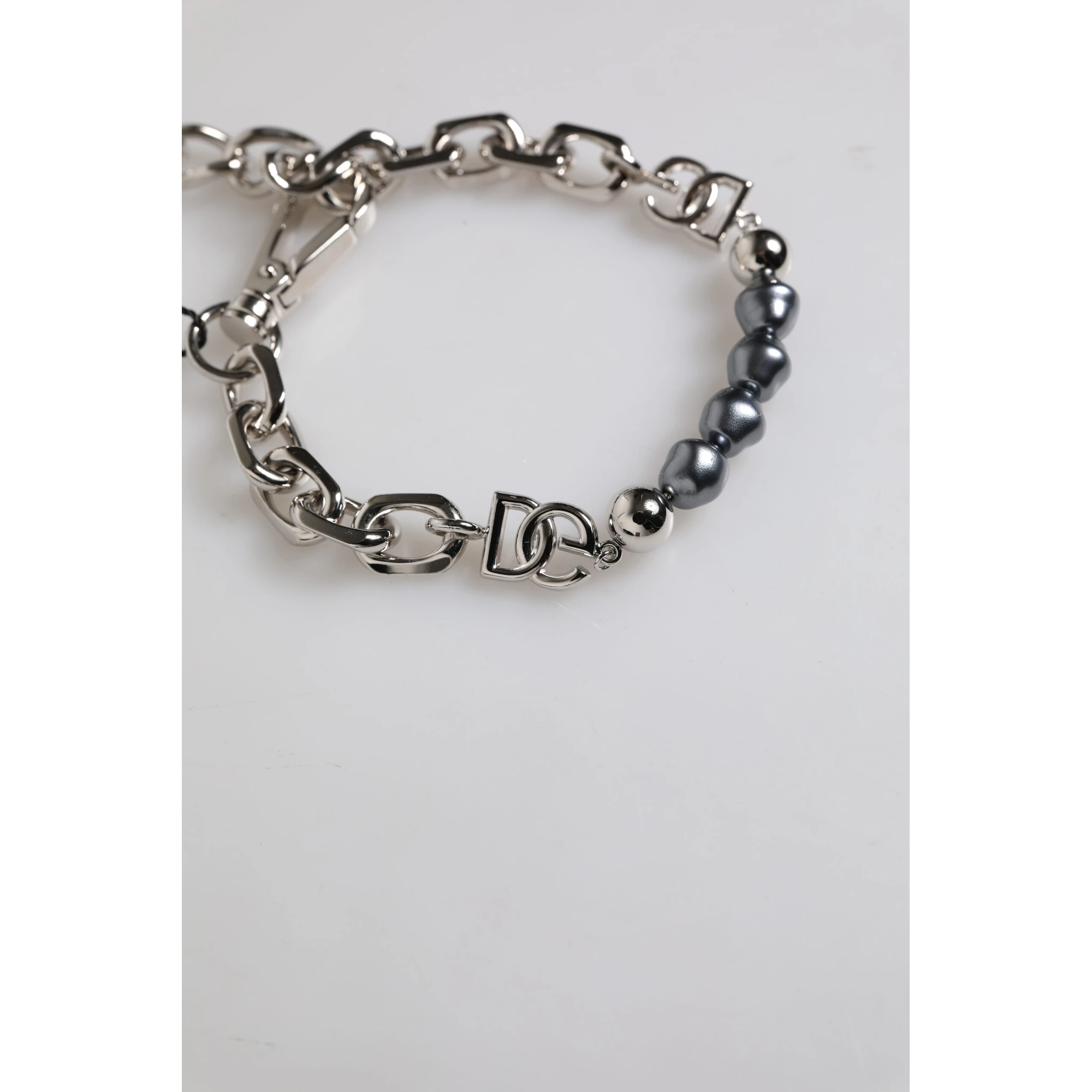 Silver Tone Chain Lobster Clasp Logo Gray Pearls Bracelet