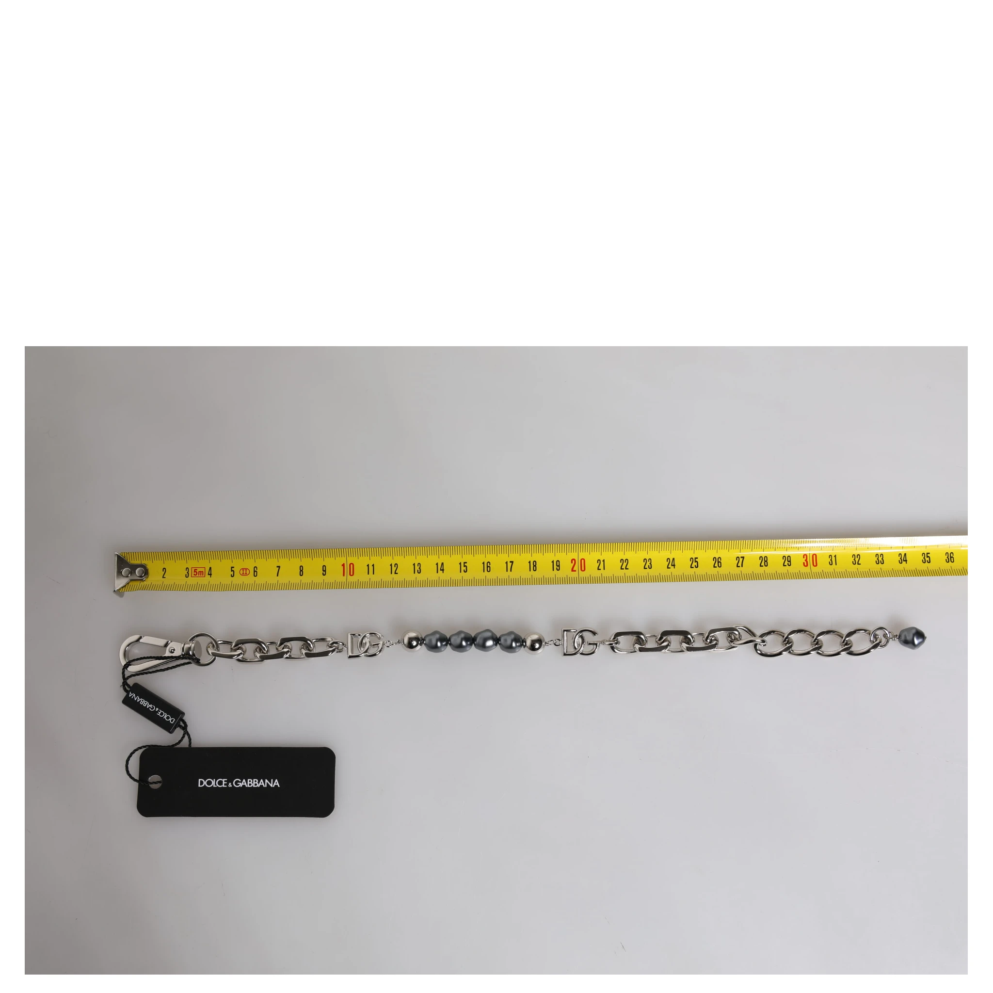 Silver Tone Chain Lobster Clasp Logo Gray Pearls Bracelet