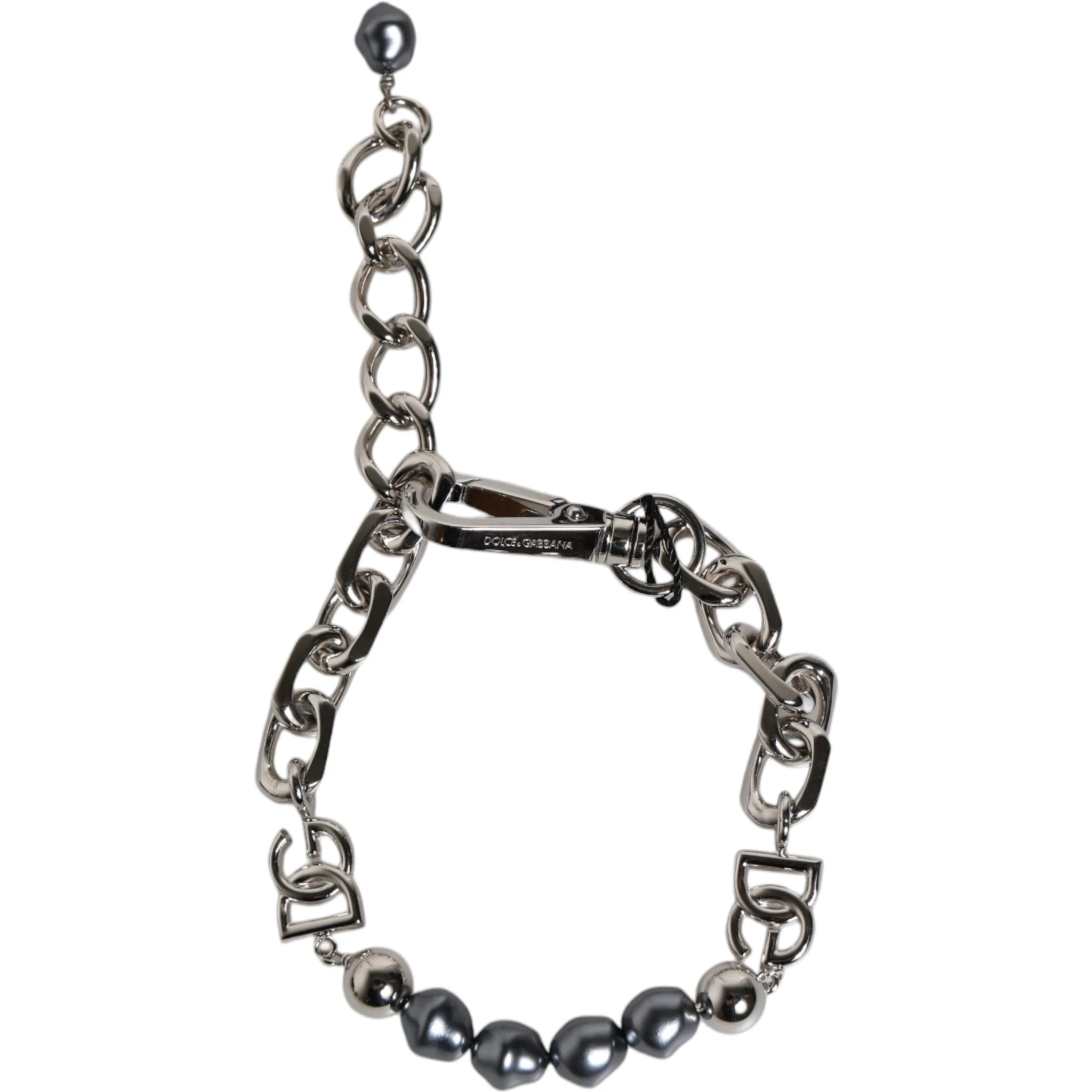 Silver Tone Chain Lobster Clasp Logo Gray Pearls Bracelet