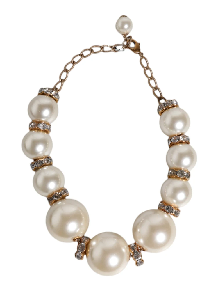 White Maxi Faux Pearl Beads Crystals Gold Chain Necklace alternative