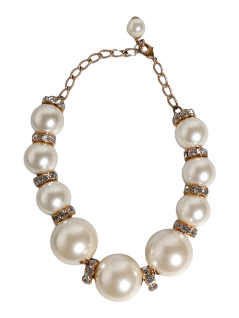 White Maxi Faux Pearl Beads Crystals Gold Chain Necklace
