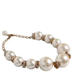 White Maxi Faux Pearl Beads Crystals Gold Chain Necklace