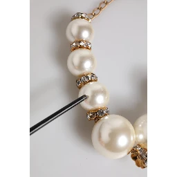 White Maxi Faux Pearl Beads Crystals Gold Chain Necklace