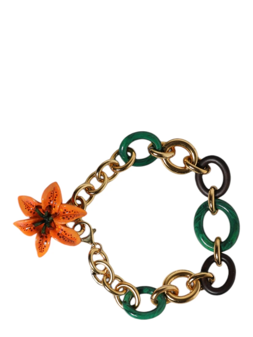 Multicolor Gold Brass Orange Lily Floral Chain Necklace