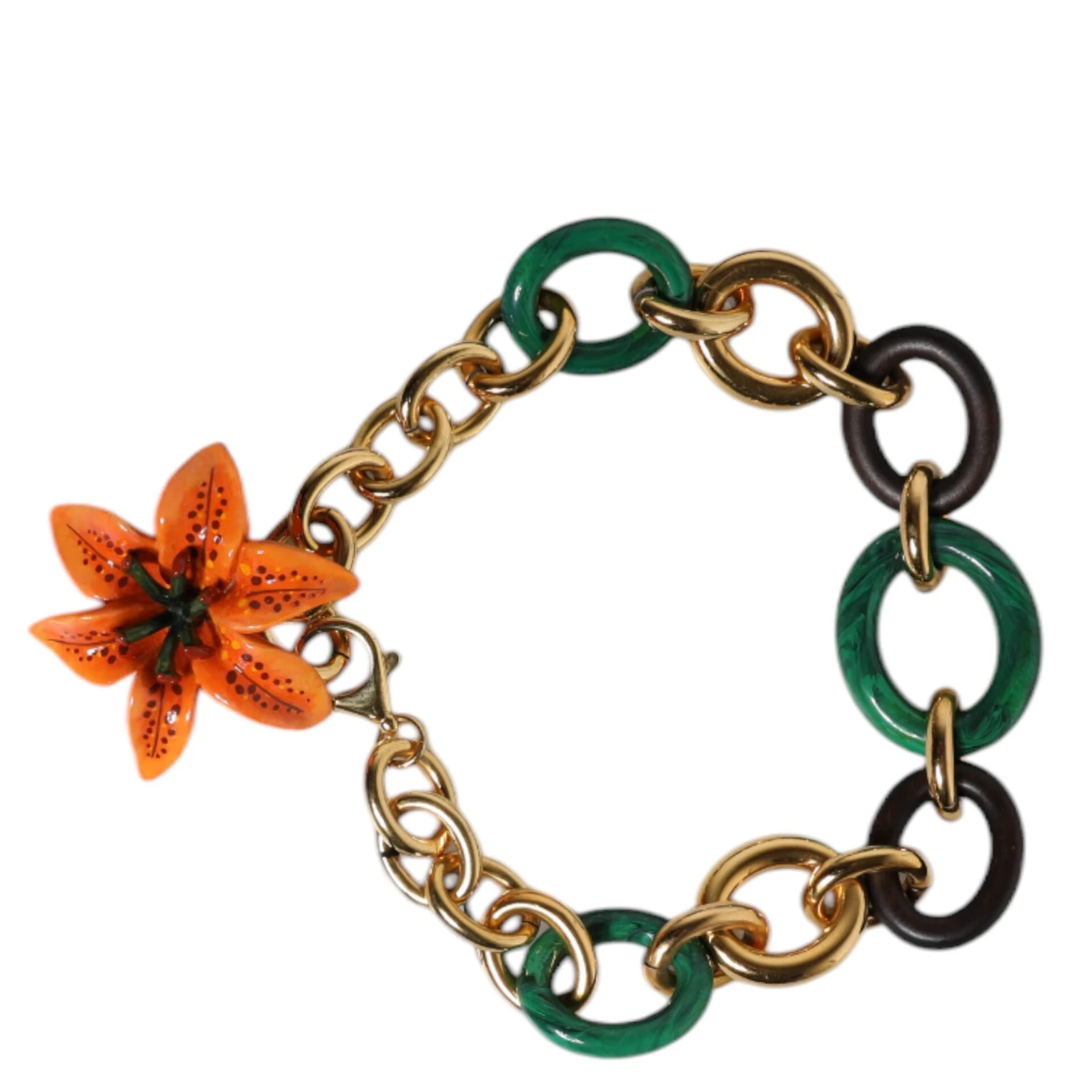 Multicolor Gold Brass Orange Lily Floral Chain Necklace