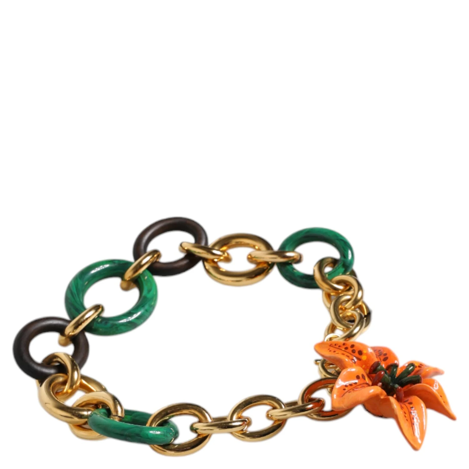 Multicolor Gold Brass Orange Lily Floral Chain Necklace