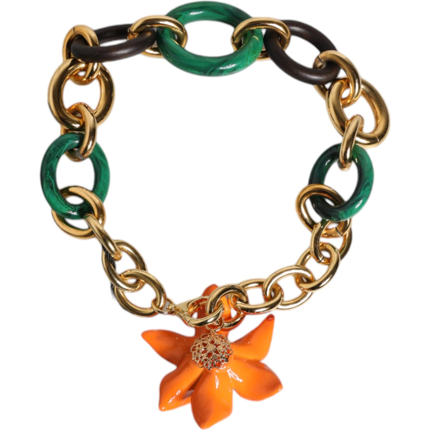 Multicolor Gold Brass Orange Lily Floral Chain Necklace
