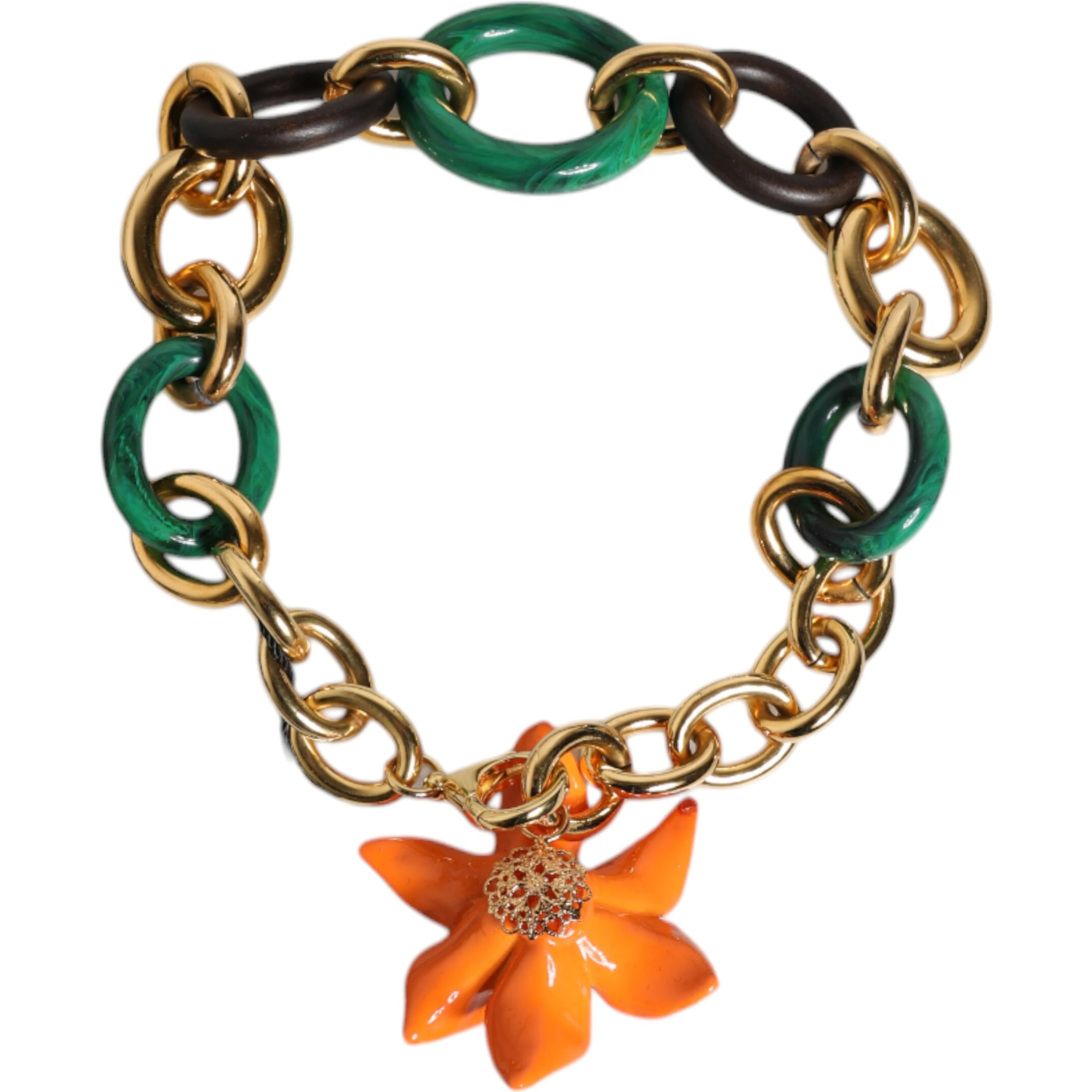 Multicolor Gold Brass Orange Lily Floral Chain Necklace